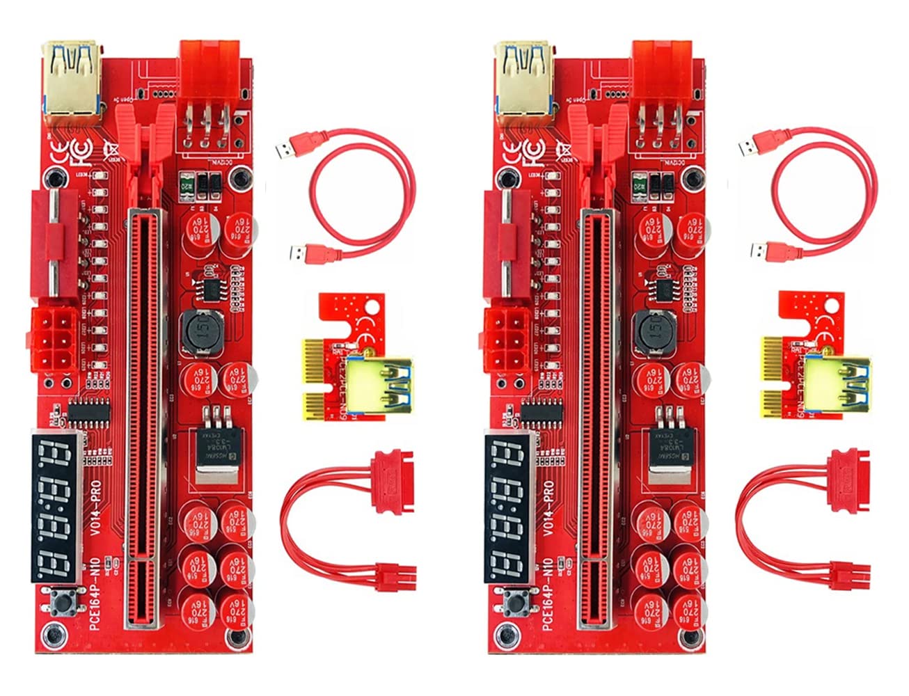 ETZIN Riser Card VER014 Pro with 10 Capacitors and 12 LED 6PIN SATA 60cm USB 3.0 Extension Cable, PCI-E 1X to 16X Riser for Bitcoin ETH Coin Mining (V014-PRO-Pack-2)