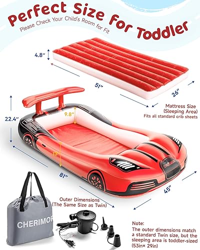 Miniatura 6 de Cama inflable de viaje para niños pequeños con parachoques de seguridad y bomba de inflado automático de 2 minutos, colchón de aire portátil para