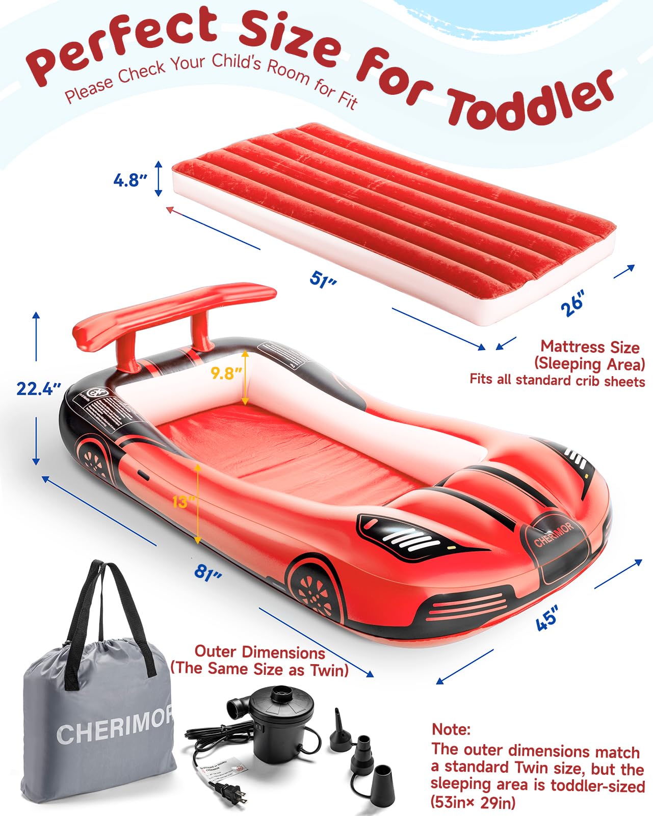 CHERIMOR Letto gonfiabile da viaggio per bambini con paraurti di sicurezza e pompa di gonfiaggio automatico di 2 minuti, materasso ad aria portatile per bambini, con borsa per il trasporto, per
