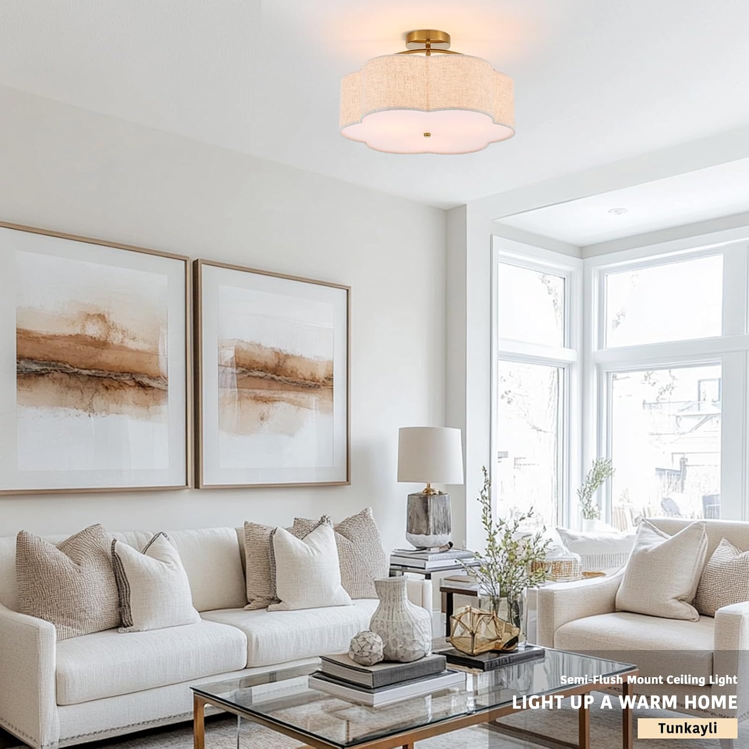18" Semi Flush Mount Ceiling Light Modern 3-Lights Gold Drum Ceiling Light Fixture with Fabric Linen Shade, Vintage Ceiling Lighting for Living Room, Kitchen, Basement, Laundry Room, Bedroom