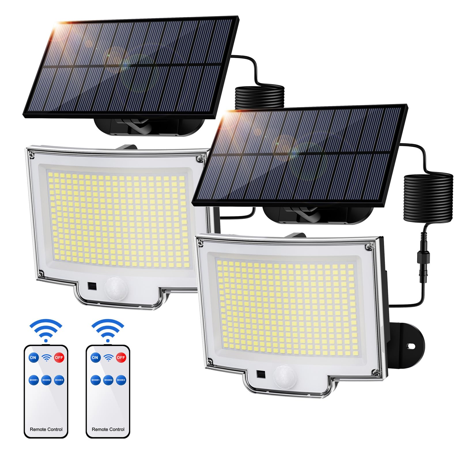 SIGRILL Faretti Solari a LED da Esterno con Sensore di Movimento, 318 LED Luce Solare Led Esterno con 3 Modes, 5M Cavo, Lampada Solare da Esterno (2 Pezzi - 318LED Bianco Freddo)