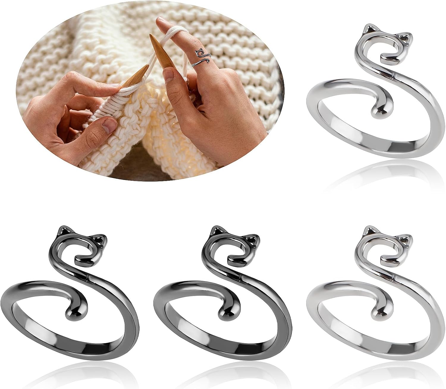 4 PCS Adjustable Knitting Crochet Loop Rings, Metal Open Yarn Guide Rings for Fingers, Cat Style Thimbles for Faster Knitting, Ideal Gifts for Crochet Enthusiasts