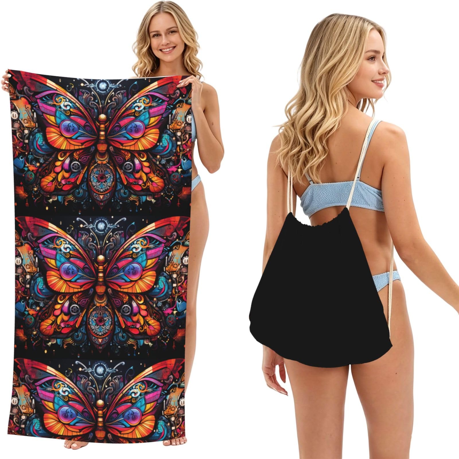 SKGOHLH Mysterious Rainbow Butterfly 2in1 Packable Beach Towel Bag Women