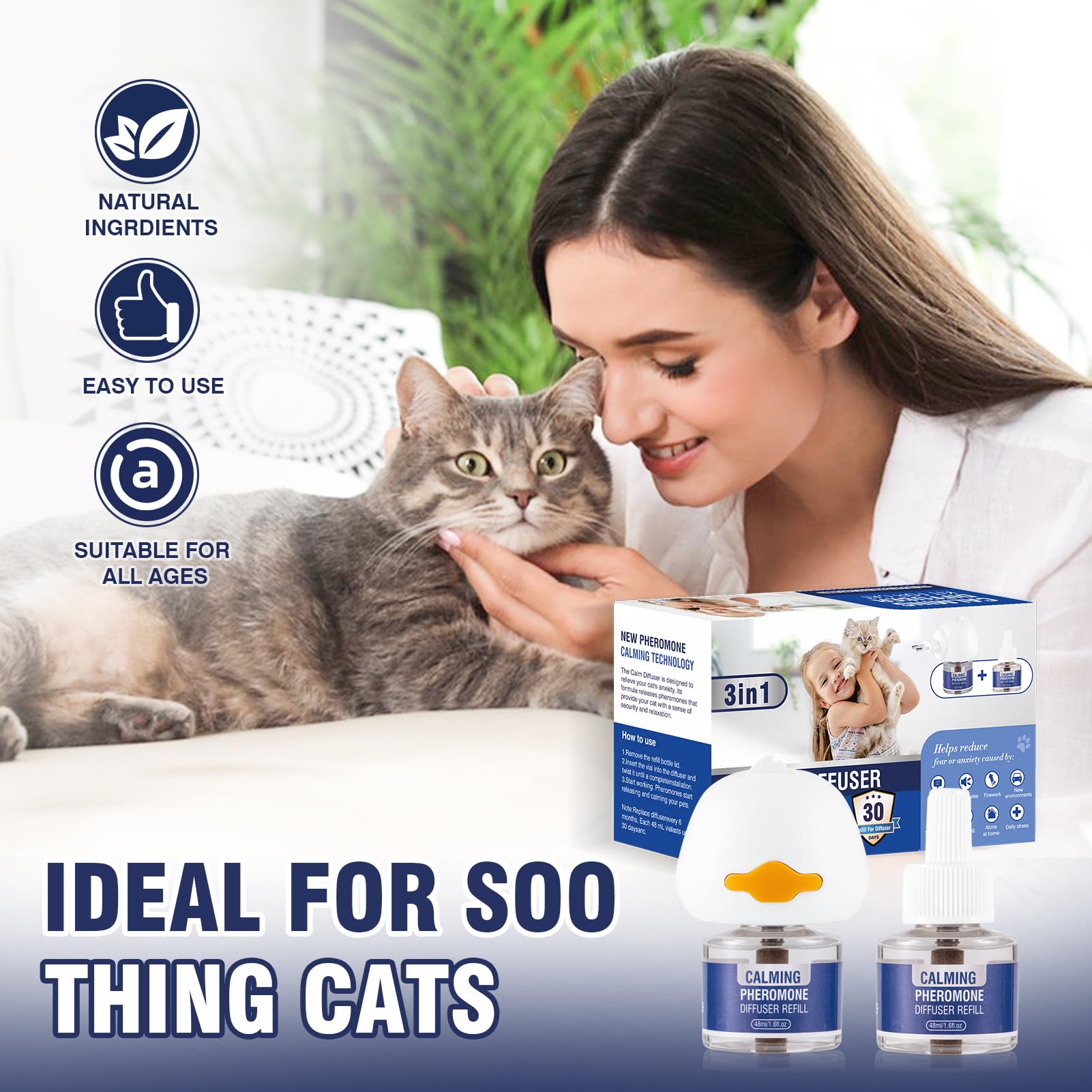 Feromoni Gatto Calmante 3 IN 1 Per Gatti Diffusore Di Kit Felini Rilassanti E Tranquillante Irrequieti Tranquillanti Antistress Repellente Gocce Calmanti Insapore（1 Tappo + 2 Ricariche Da 48ml）