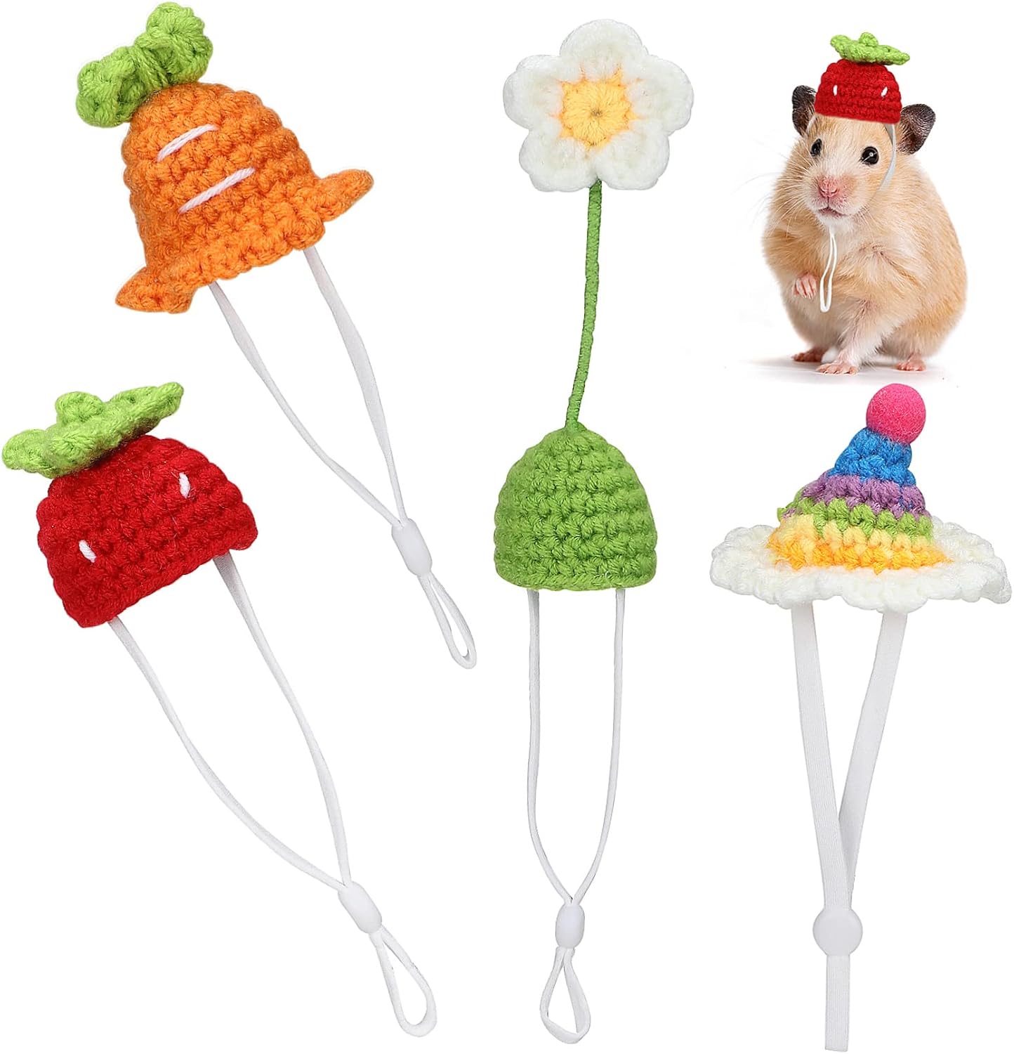 SUPVOX 4Pcs Knitted Animal Hats for Pets Cute Carrot Strawberry Birthday Hat Adorable Costumes for Small Animals Hamsters Guinea Pigs More