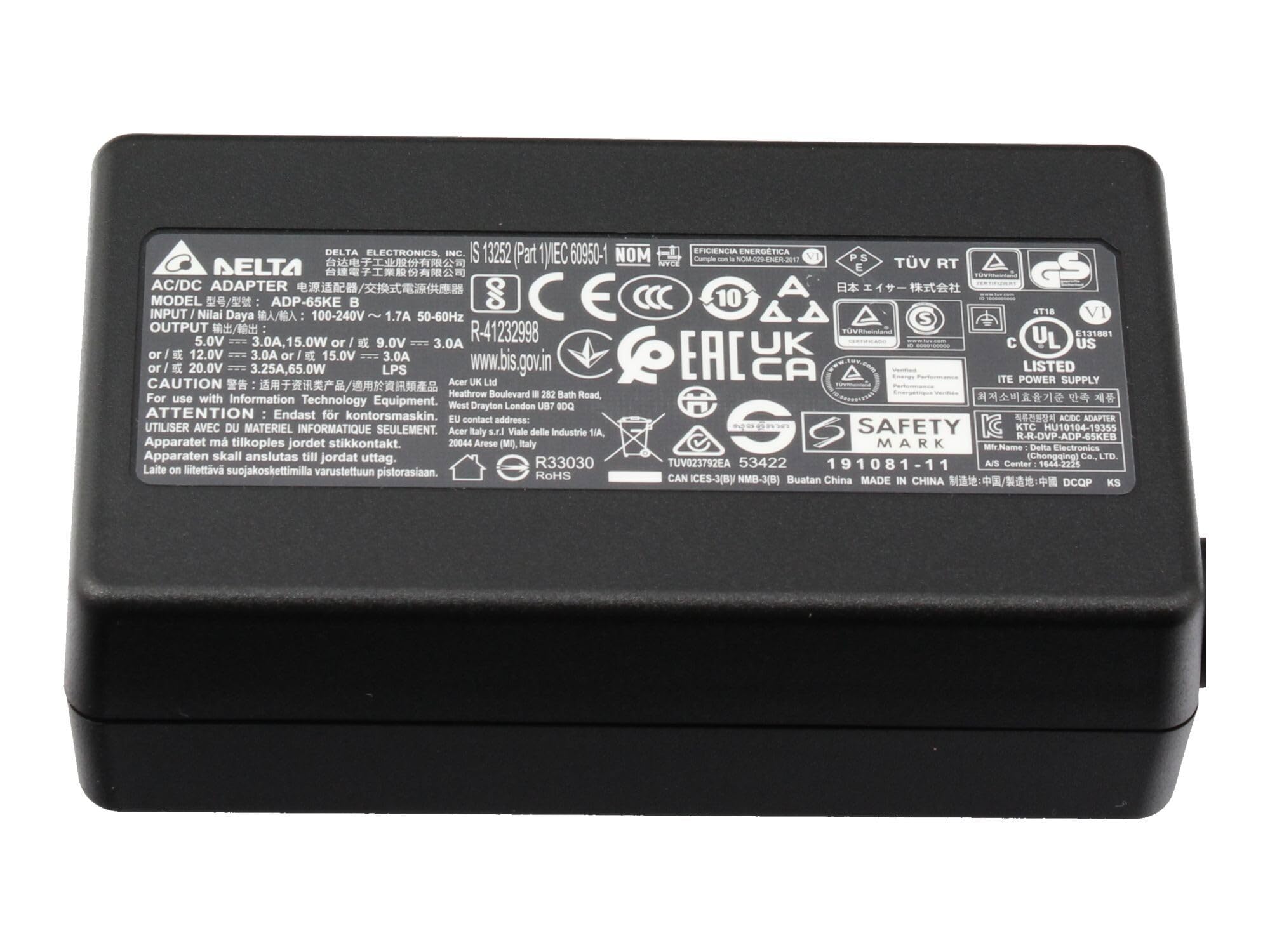Acer KP0650H038 Original USB-C Netzteil 65,0 Watt | kleine Bauform für Aspire Lite 16 (AL16-71M), 17 (AL17-51P), Vero 14 (AV14-52P), 16 (AV16-51P), 16 (AV16-51PT)