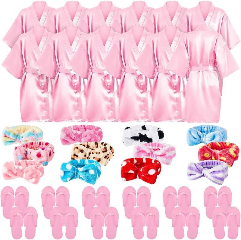 Xuhal Kit com 12 roupões tipo quimono, 12 faixas de cabelo e 12 pares de chinelos rosa