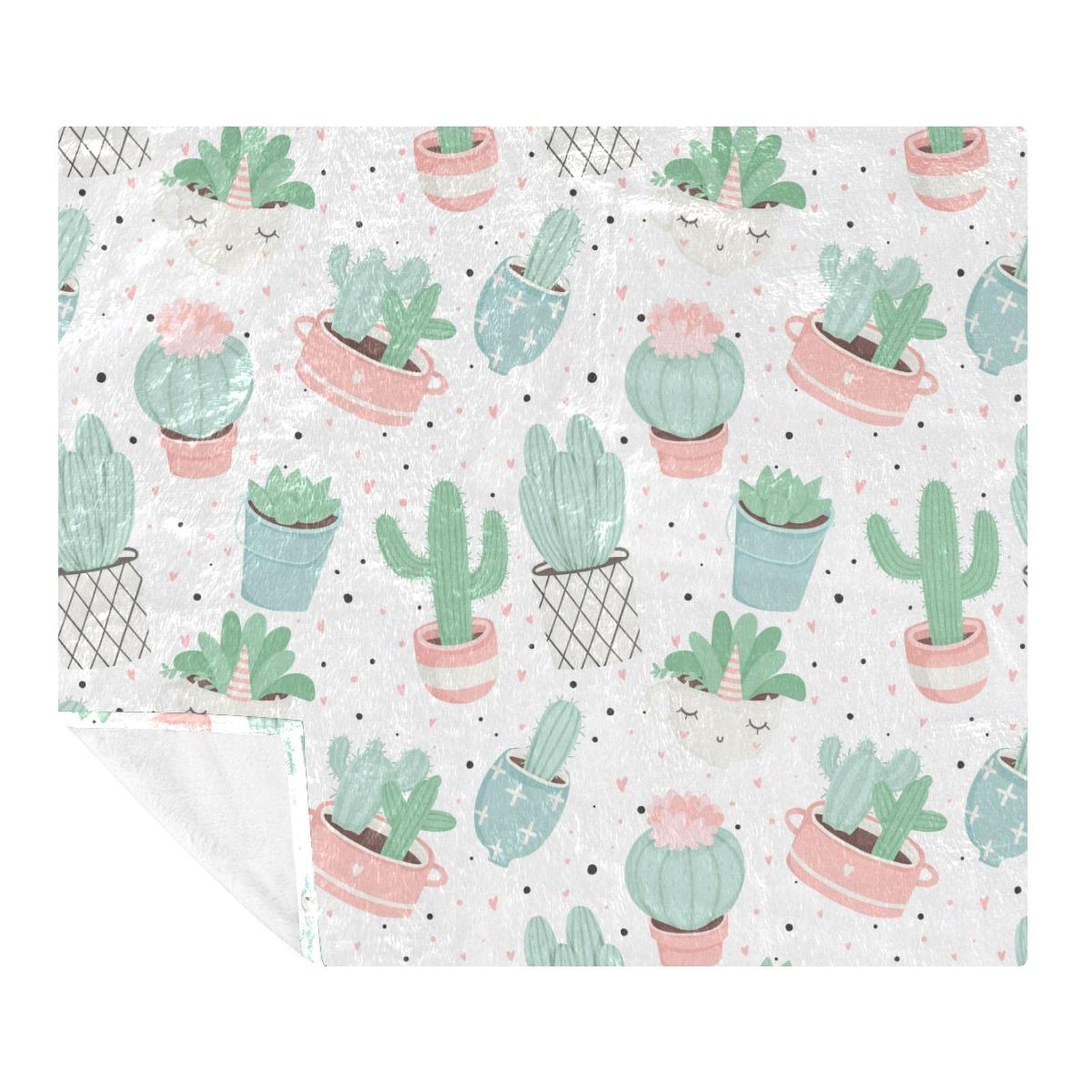 Couverture polaire microfibre motif cactus et plantes grasses pour lit et canapé, 150x200cm