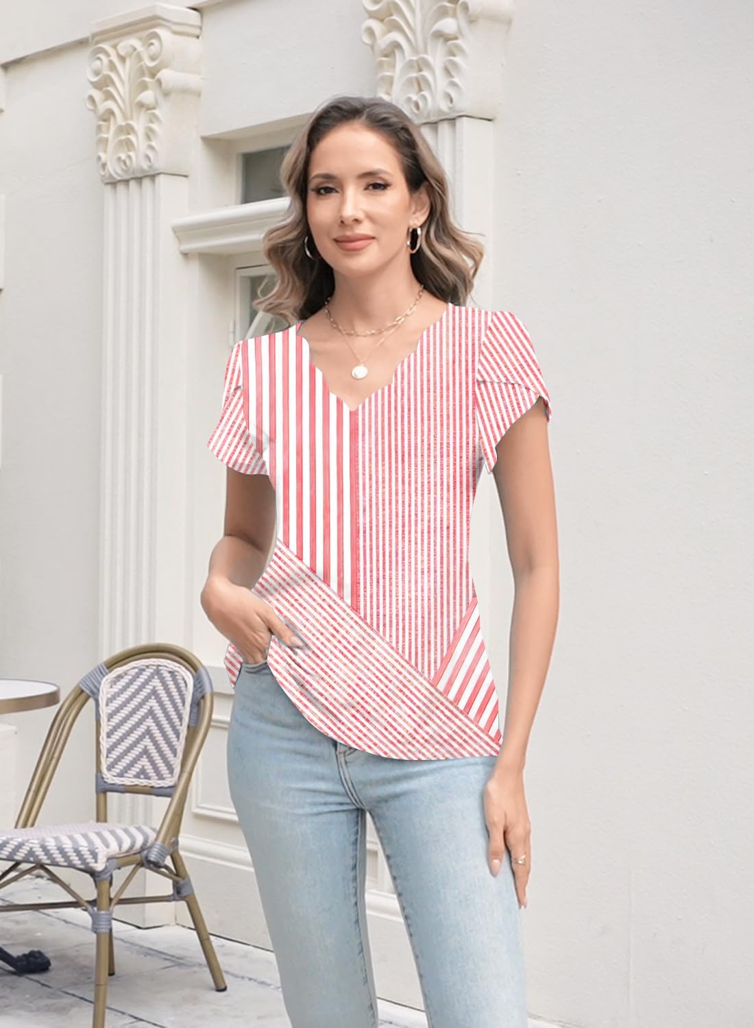 Womens Summer Tops Seashell Edge V Neck Shirts Petal Short Sleeve Top Dressy Casual Tunic Blouses - Image 4