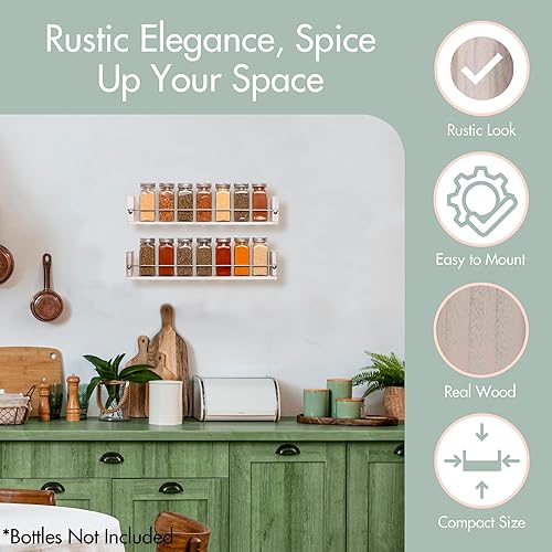 Miniatura 5 de Estante de especias montado en la pared para decoración de cocina, 2 estantes en blanco lavado, estante de pared de madera para especias
