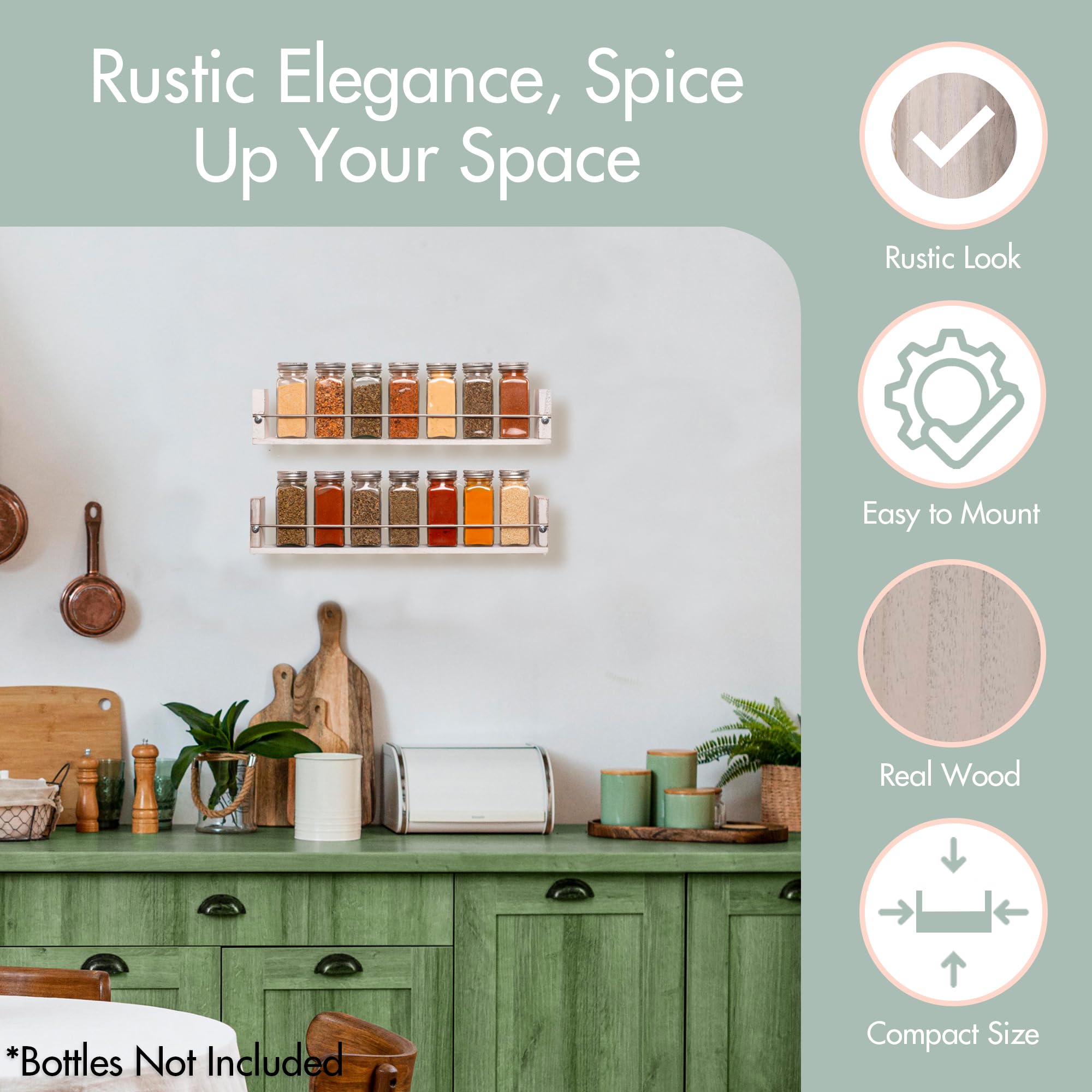 Farmhouse Kitchen Decor Wandmontiertes Gewürzregal mit 2 Ablagen in gewaschenem Weiß – Farmhouse Gewürzregal – Gewürzregal aus Holz – Gewürzregal aus Holz – Gewürzregal aus Holz