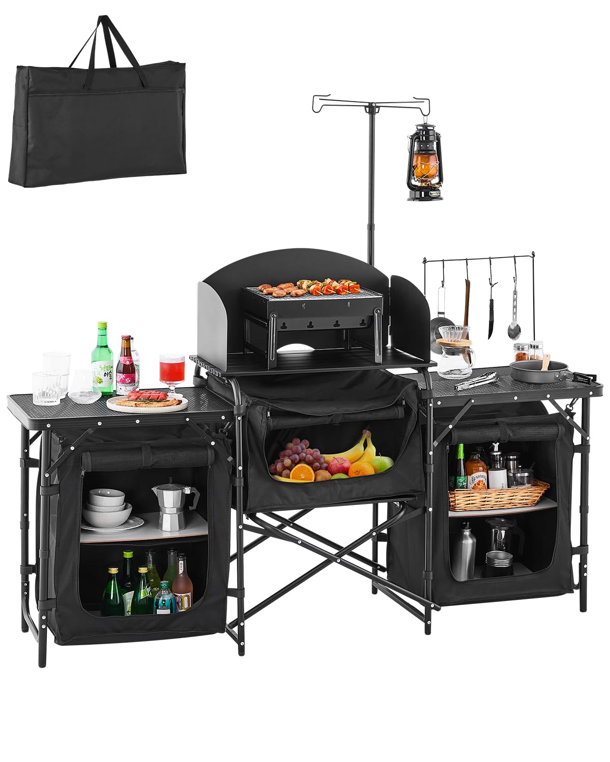 VEVOR Camping Kitchen Table, Outdoor Camp Cooking Table, Aluminum Portable Cook Station with 3 Storage Cupboard, Carrying Bag, Detachable Windscreen, Quick Set-up for BBQ Party Picnic RV Travel, Black