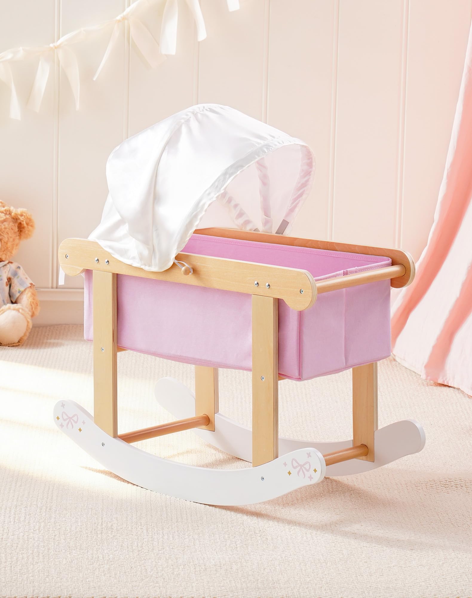 ROBOTIME Cuna de madera para muñecas de 18 pulgadas, color rosa