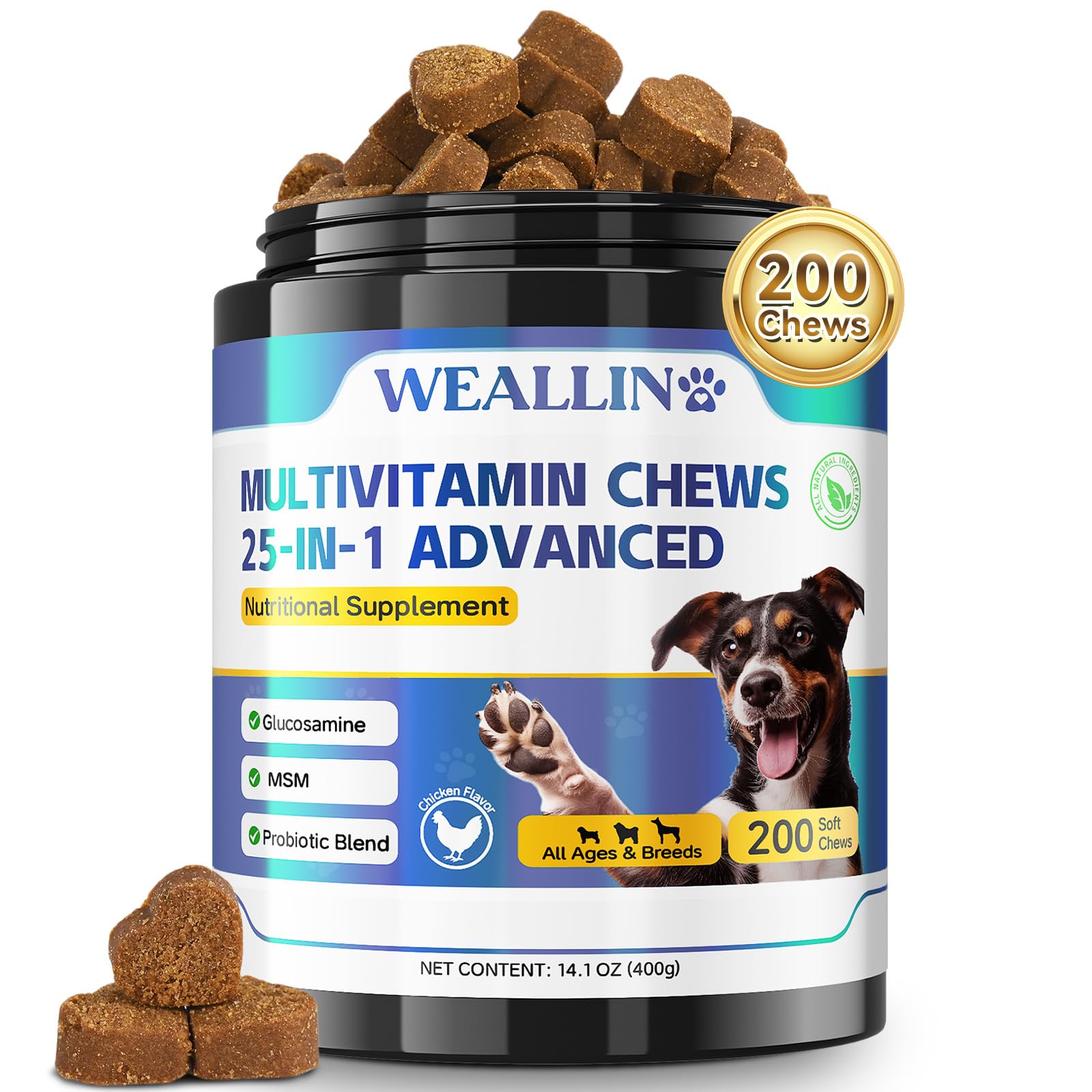 Dog Vitamins - 25-in-1 Dog Vitamins and Supplements Multivitamin with Glucosamine Probiotics Omega-3 Puppy Multivitamin Chewable for Coat, Heart, HIPS & Joints, Digestion & Immune System 200pcs