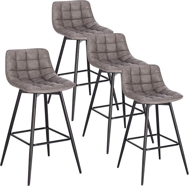 WOLTU Bar Stools Set of 4 PCS Soft Faux Leather Seat Bar Chairs Breakfast Counter Kitchen Chairs Metal Legs Barstools Dark Grey High Stools with Backrests & Footrests