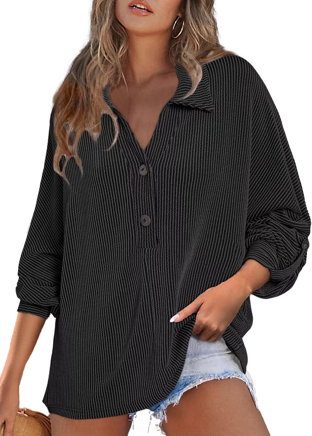 Astylish Women's Casual Blouses Button Down Business Batwing Tops Long Sleeve V Neck Ribbed Shirts 2025 Fall Outfit