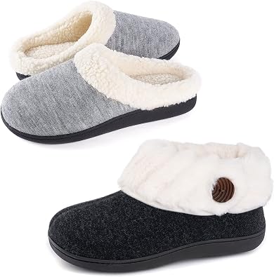 Wishcotton Womens Set of 2 Pairs -Sherpa Fleece House Slipper with Memory FoamGrey, US 8-9 and Fuzzy Felt Cozy Closed Back SlippersBlack, US 9