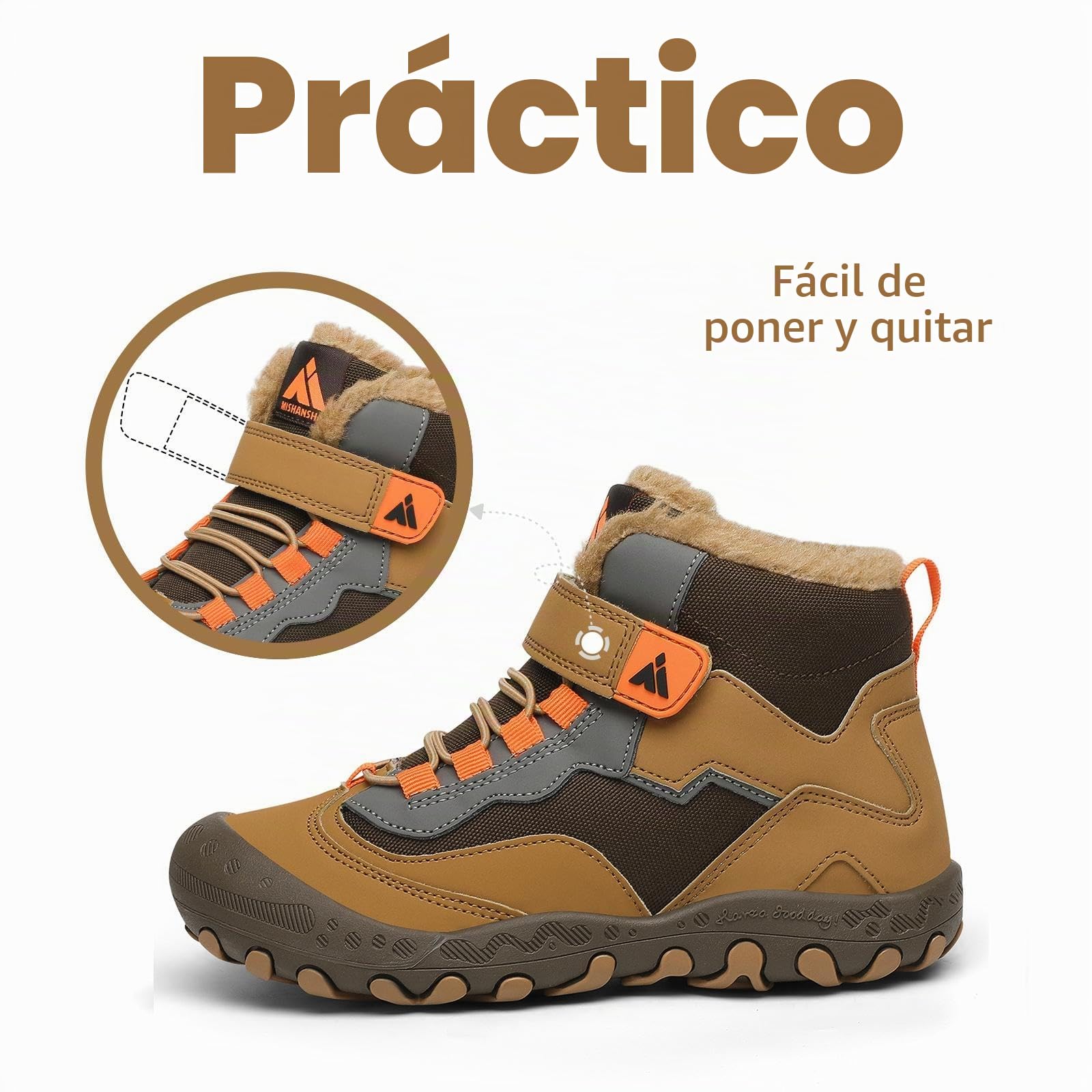 Mishansha Botas de Nieve Niño Botas Antideslizantes, Marrón 35 | Forro cálido, cierre de autollenado, puntera reforzada, suela con dibujo, colegio, paseos, nieve