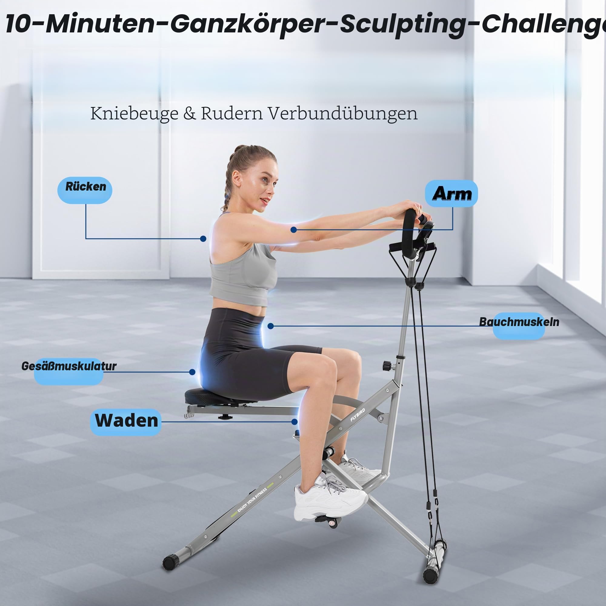 FLYBIRD Kniebeugenmaschine, Ruderfahrrad für Gesäß, Kern,Beine & Ausdauertraining,4 verstellbare Widerstandsstufen, klappbar&einfach aufgebaut,Ganzkörpertraining Heimtrainer,Belastbarkeit 158 kg,Grau