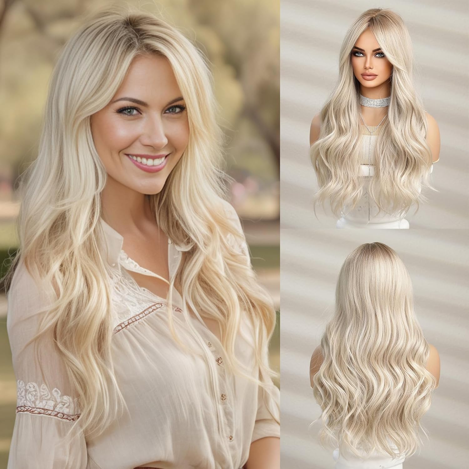 Wigs Human Hair Mixed Synthetic for Women Long Ombre Ash White Blonde Wavy Curly Heat Resistant Daily Cosplay