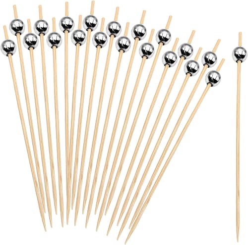 Premium Food Grade Bamboo Wooden Picks with Pearl Ball Tops, for Fruit Platters, Cheese Boards, Cupcakes, Desserts and Food Decor, 20 Pack (Silver)