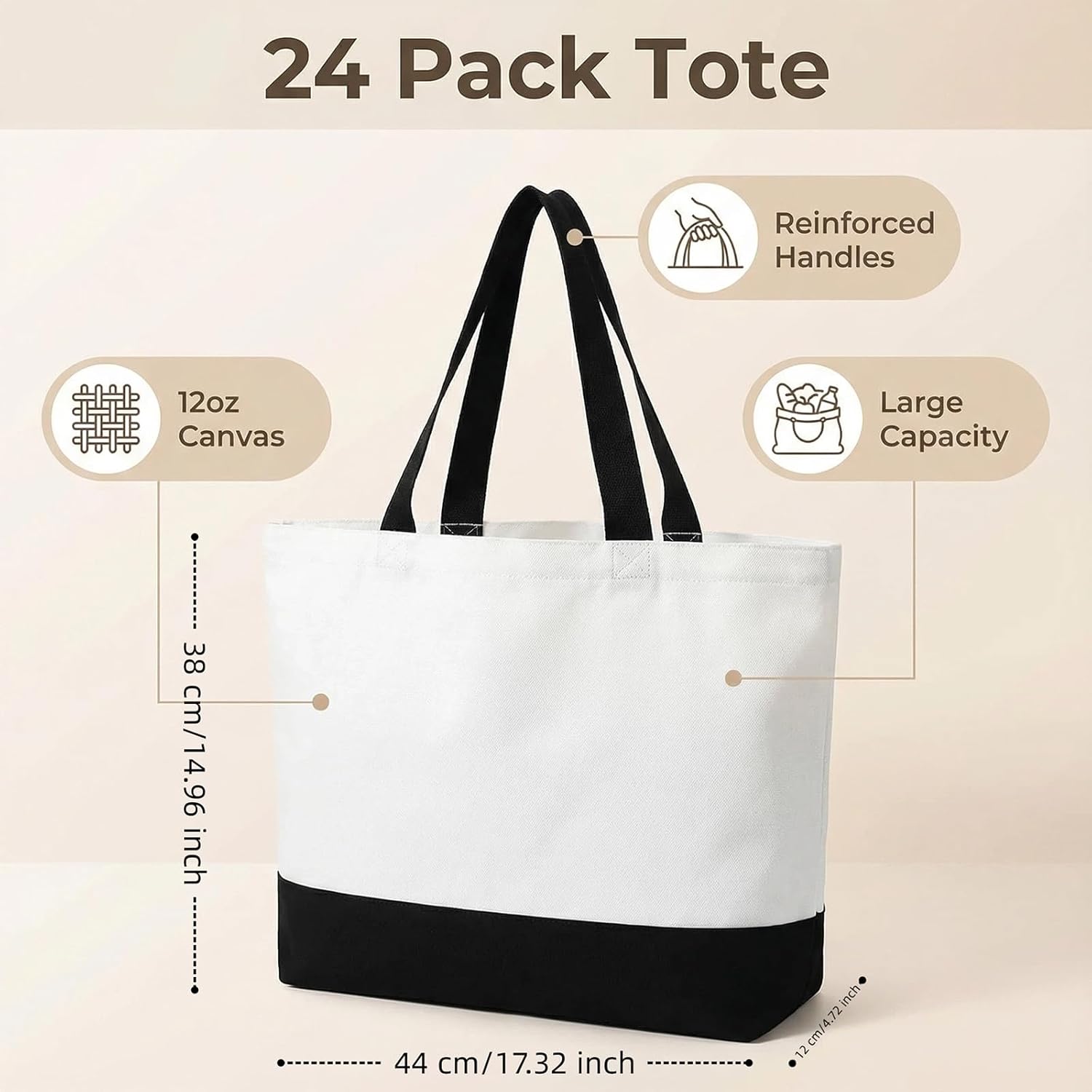 24 Pack 12 oz Large 18.5 x 15 Inch Canvas Tote Bags Bulk with Handles 24 Colors Shopping Reusable Blank Bags for Gift