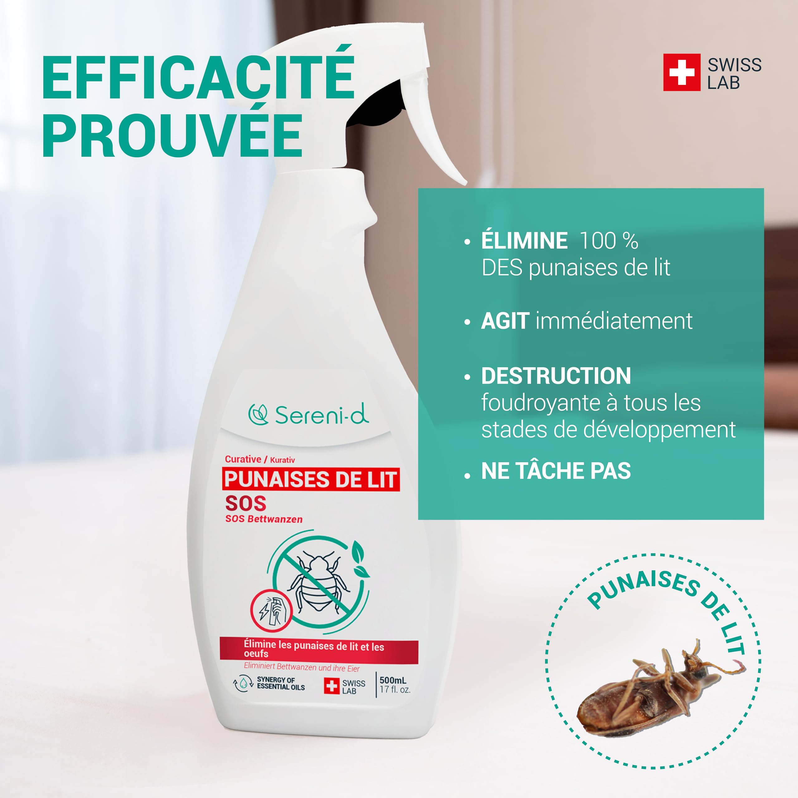 SOS ANTI PUNAISES DE LIT XXL - Spray Insecticide CHOC Traitement naturel aux Huiles Essentielles et Fleur de Pyrèthre Végétal - Produit qui élimine les punaises de lit - 500mL