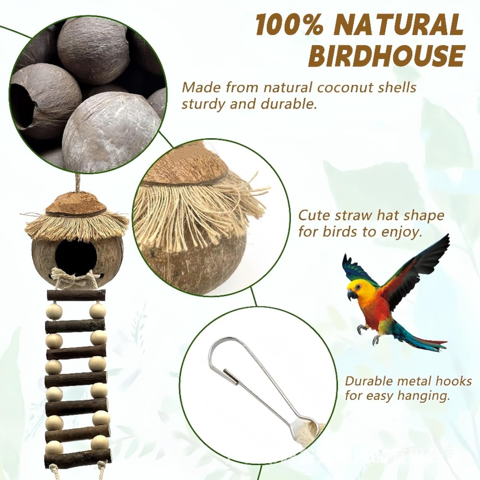 Kit d'Accessoires pour Oiseaux, Nid de Noix de Coco Naturelle avec Perchoirs en Bois de Sichuan, Balançoire et Plateforme, Adapté aux Perruches, Perroquets et Oiseaux de Petite Taille