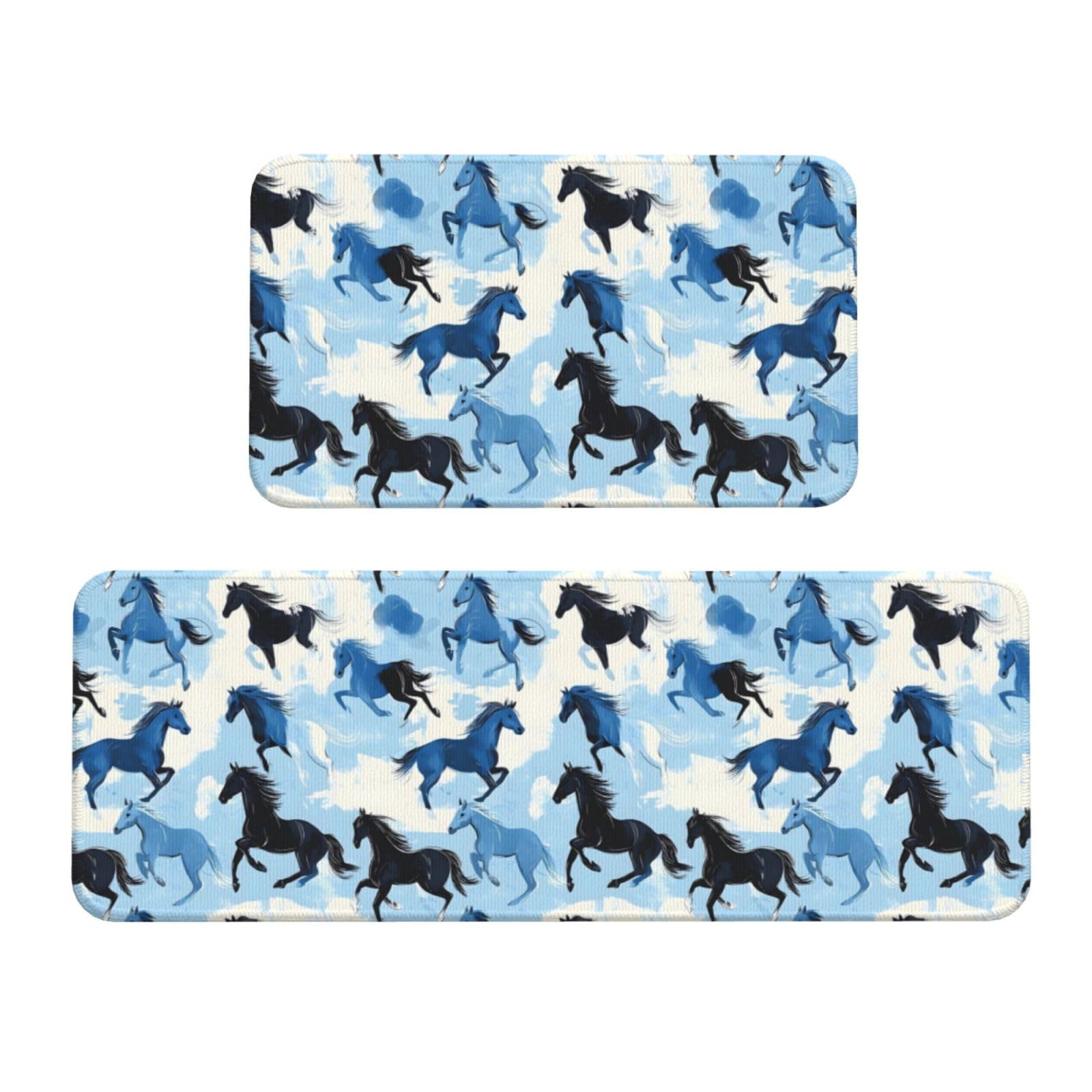 GVYGVY Antifatigue Kitchen Mats for Floor 2 Piece - Blue and Black Horse Print Kitchen Rugs Washable, Non Slip Runner Rug Standing Mat for Office/Bathroom/Laundry/Home Decor and Accessories