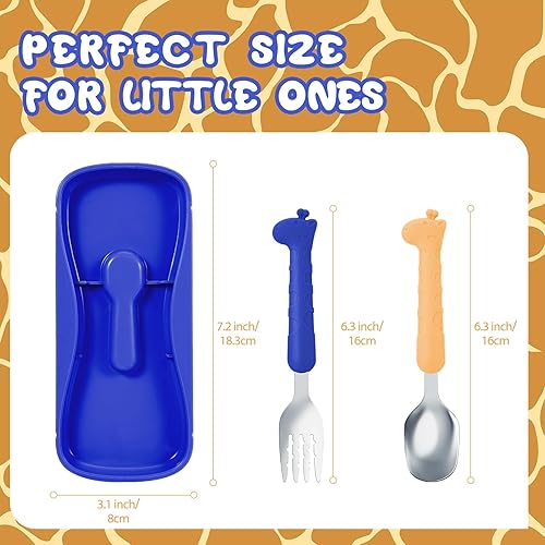 Miniatura 4 de Juego de cuchara y tenedor de acero inoxidable 188 sin BPA lindo jirafa infantil cubiertos con funda de viaje para niños mayores de 3 años