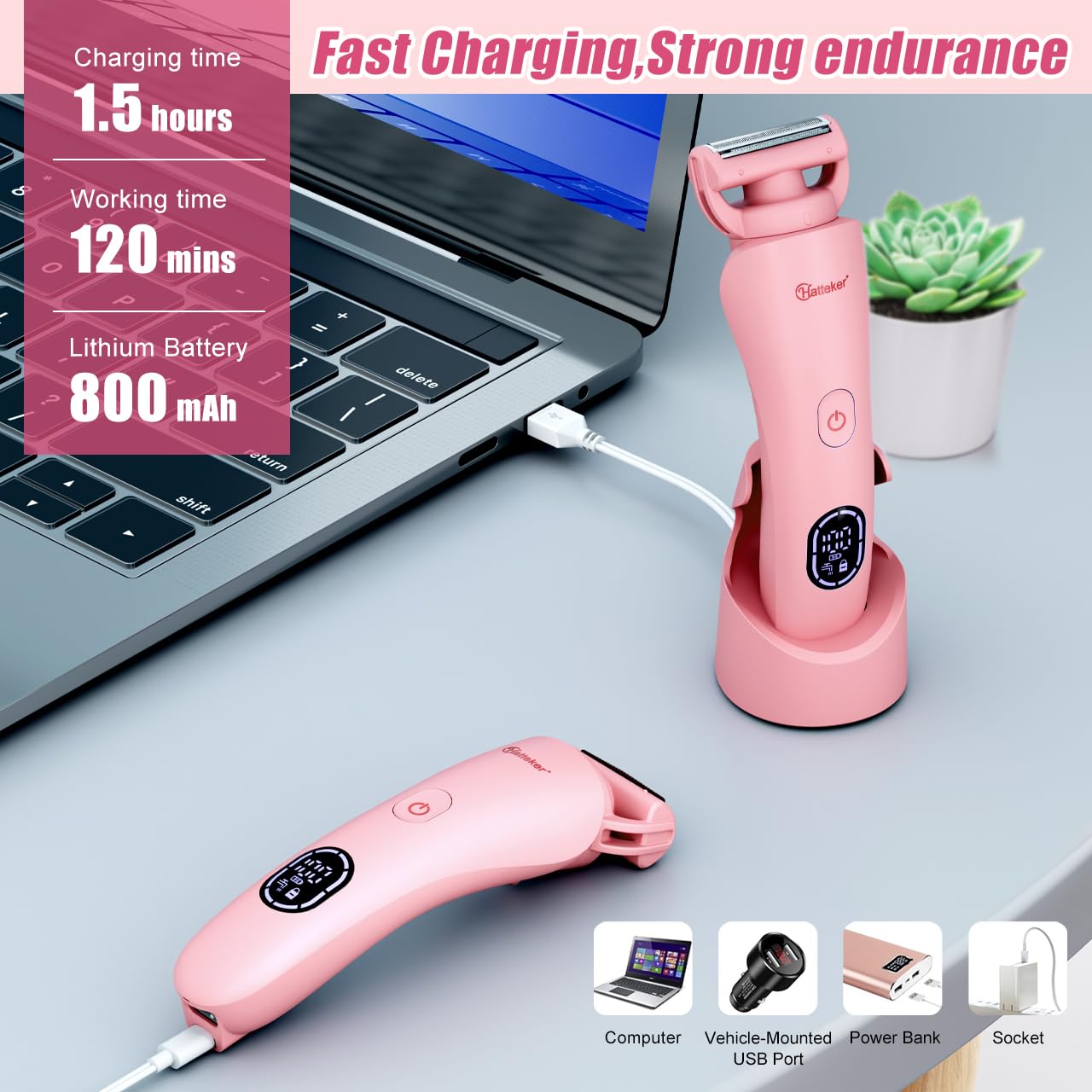 Hatteker Afeitadora Eléctrica para Mujer Zona Íntima Bikini 3 en 1 Recargable con Pantalla LED Impermeable IPX7 Rosa