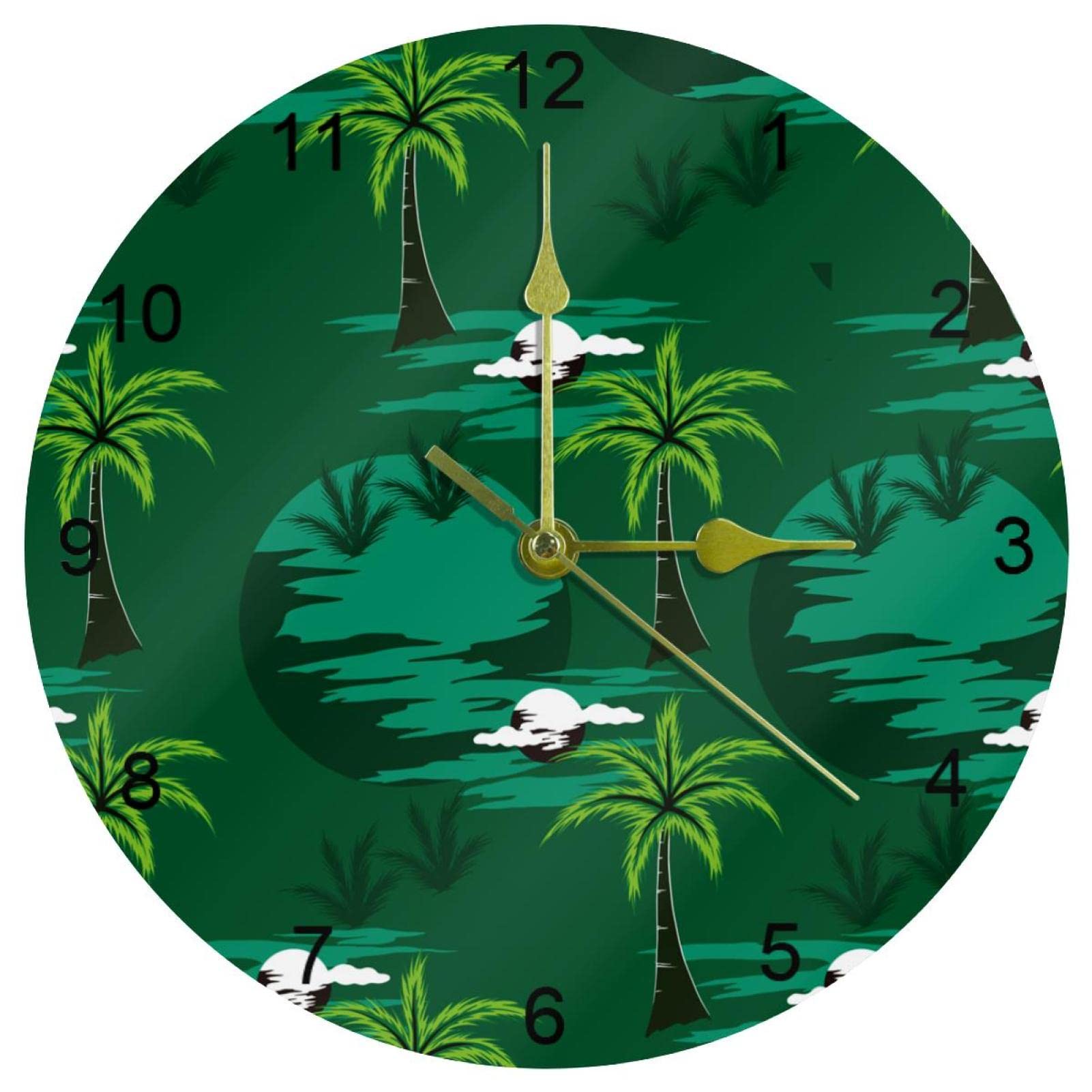 Horloge murale silencieuse palmier vert 25cm cadran rond à grands chiffres arabes pour la cuisine