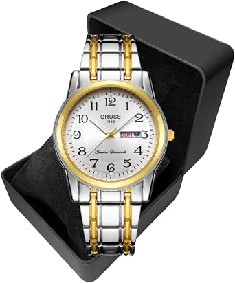 Men's Gold and White Watch in Gift Box – Stainless Steel Two-Tone Bracelet, Quartz Movement, Day-Date Display, Water Resistant Dress Watch with Gift Box – Elegant Business Casual Timepiece