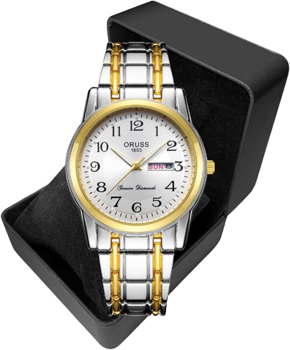 Men's Gold and White Watch in Gift Box – Stainless Steel Two-Tone Bracelet, Quartz Movement, Day-Date Display, Water Resistant Dress Watch with Gift Box – Elegant Business Casual Timepiece