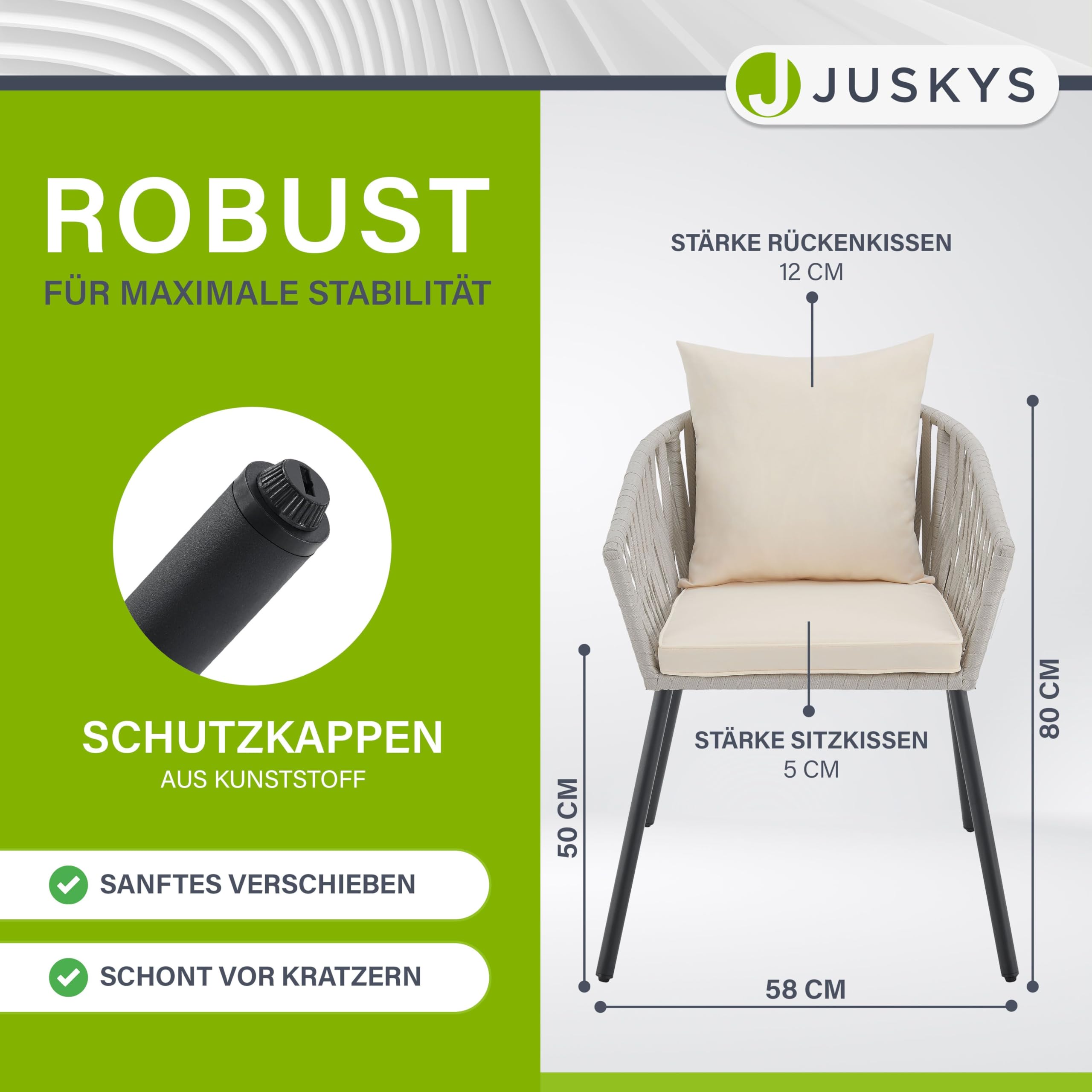 Juskys Rope Gartenstühle 2er Set wetterfest - bis 160 kg belastbar - Sitz- & Rückenkissen aus Polyester - 2 Stühle aus Stahl & Polypropylen für Garten, Terrasse & Balkon - Hellgrau