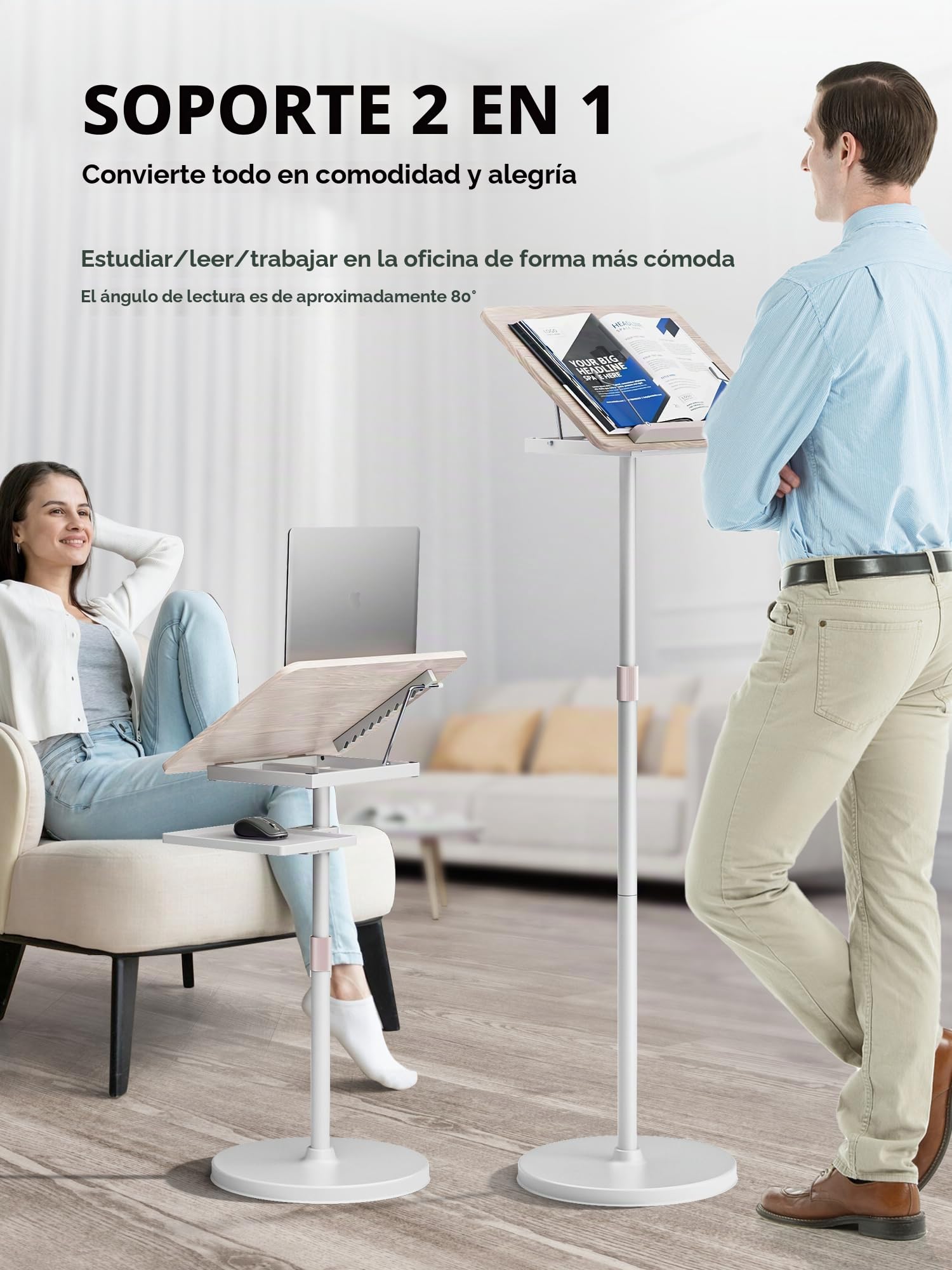 Soporte Ajustable 2 en 1 para Libros y Portátiles - Altura Regulable 60-132 cm, Uso Dual en Suelo y Mesa, Clip Elásticos para Partituras, Recetas, Tablets y Laptops, Diseño Moderno en Blanco