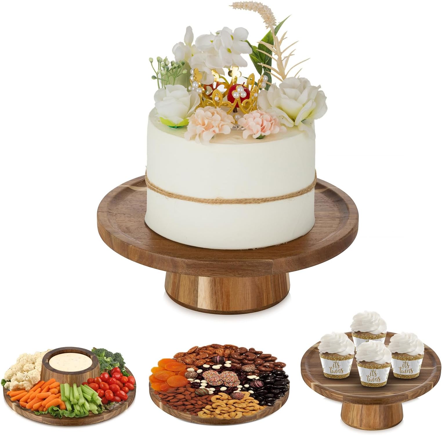 NUPTIO Wooden Rustic Cake Stand: 9.5" Round Cake Pedestal Holder 4 in 1 Vintage Cupcake Stand Serving Tray Dessert Display Plate for Wedding Halloween Christmas Easter Birthday Party - 8 Inch Cake