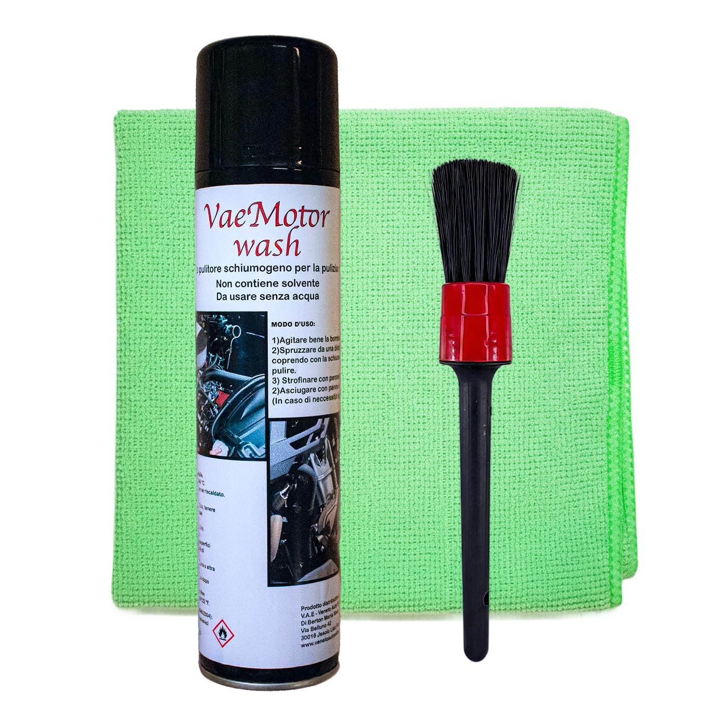 VAE VAEMOTOR WASH Pulitore Schiumogeno per Motori Moto, Auto e Bici, Detergente a Secco Senza Acqua con Pennello e Panno in Microfibra – Kit Completo per la Pulizia Rapida e Sicura del Motore