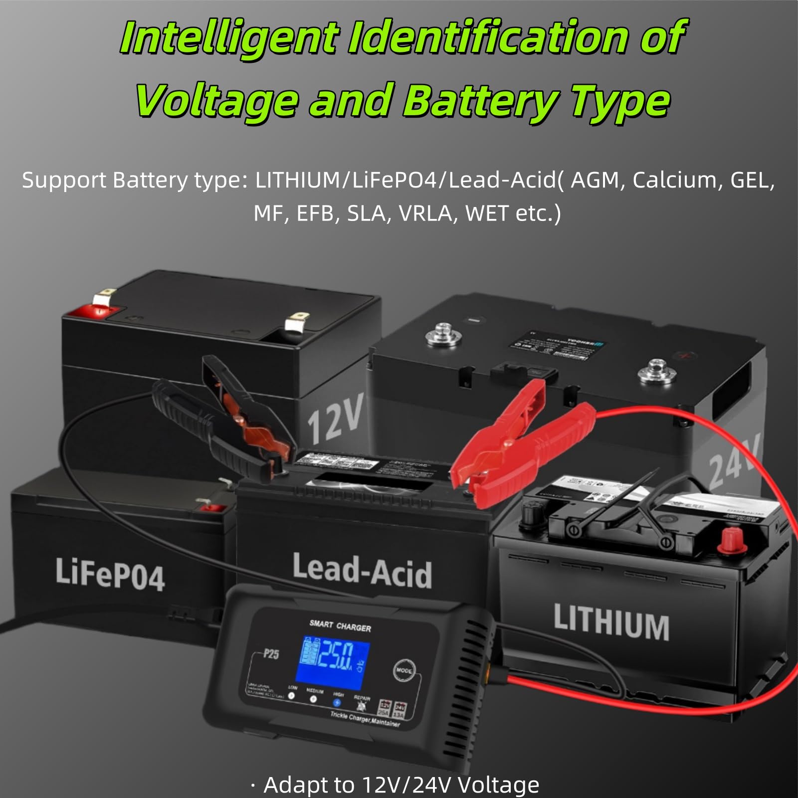 Ładowarka i podtrzymywacz akumulatorów samochodowych Smart 12 V/24 V 25 A, 9-etapowe ładowanie z wyświetlaczem LCD, 4 tryby do wyboru: litowo-jonowy/LiFePo4/kwasowo-ołowiowy/AGM