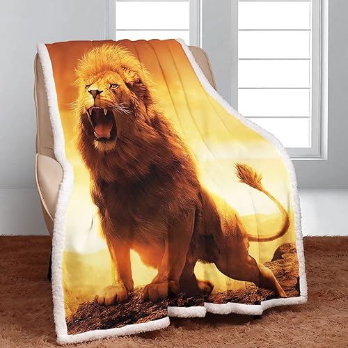 Miniatura 2 de Manta Sherpa de león rugiente de 50 x 60 pulgadas, manta de sherpa con estampado de animales, manta súper suave y mullida de forro polar grueso y