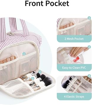 Narwey Travel Toiletry Bag for Women, Large Wash Bag Women, Travel Washbag Makeup Organizer Bag for Full Size Toiletries, Cosmetic Bag for Essentials (Dusty Rose Stripe)
