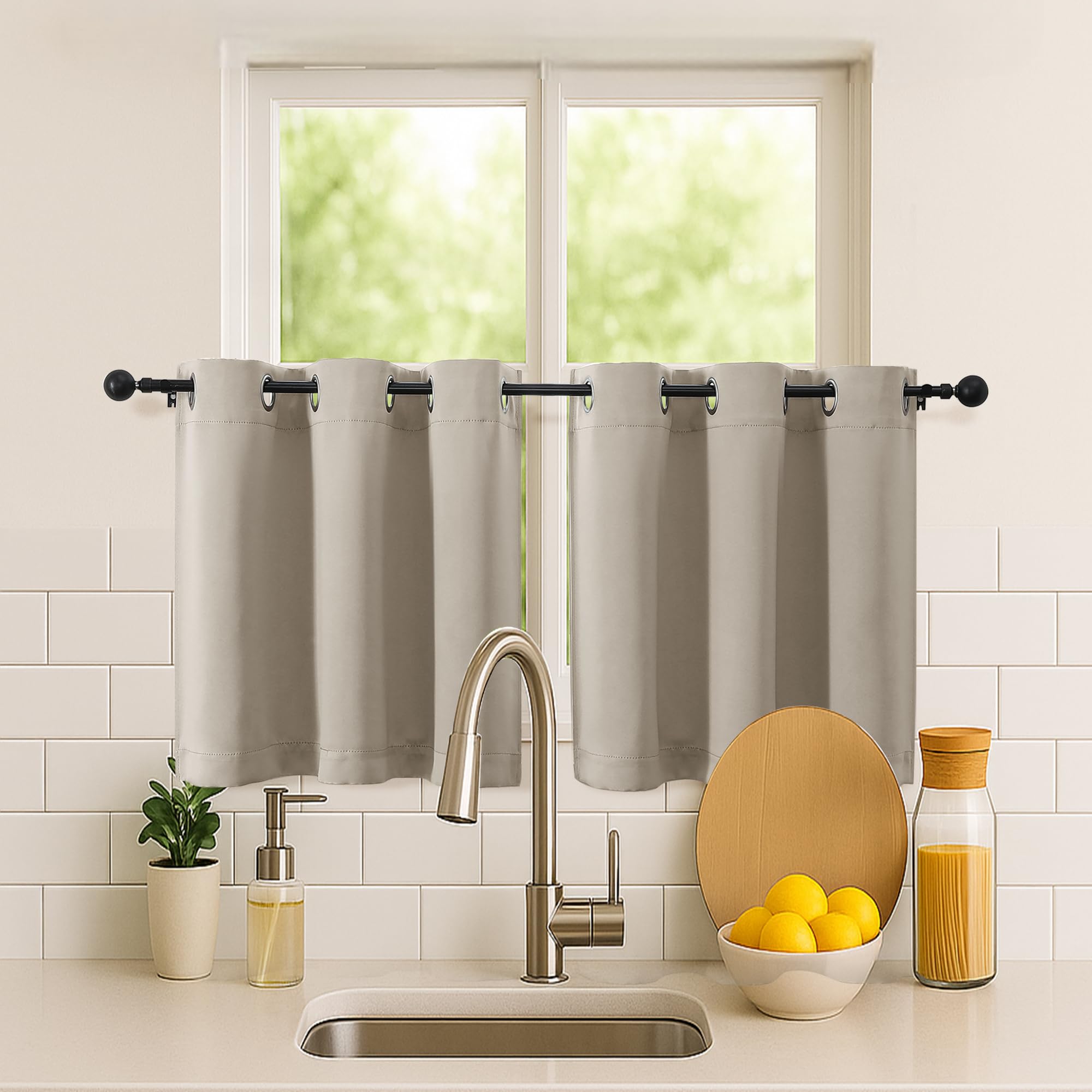 Simplebrand Stone Short Kitchen Curtains 24 Inch Length 2 Panels Set, Small Windows Room Darkening Curtain for Bathroom, Cabinet, Basement, RV Camper, Thermal Insulated Short Drapes, 40 x 24 Inch