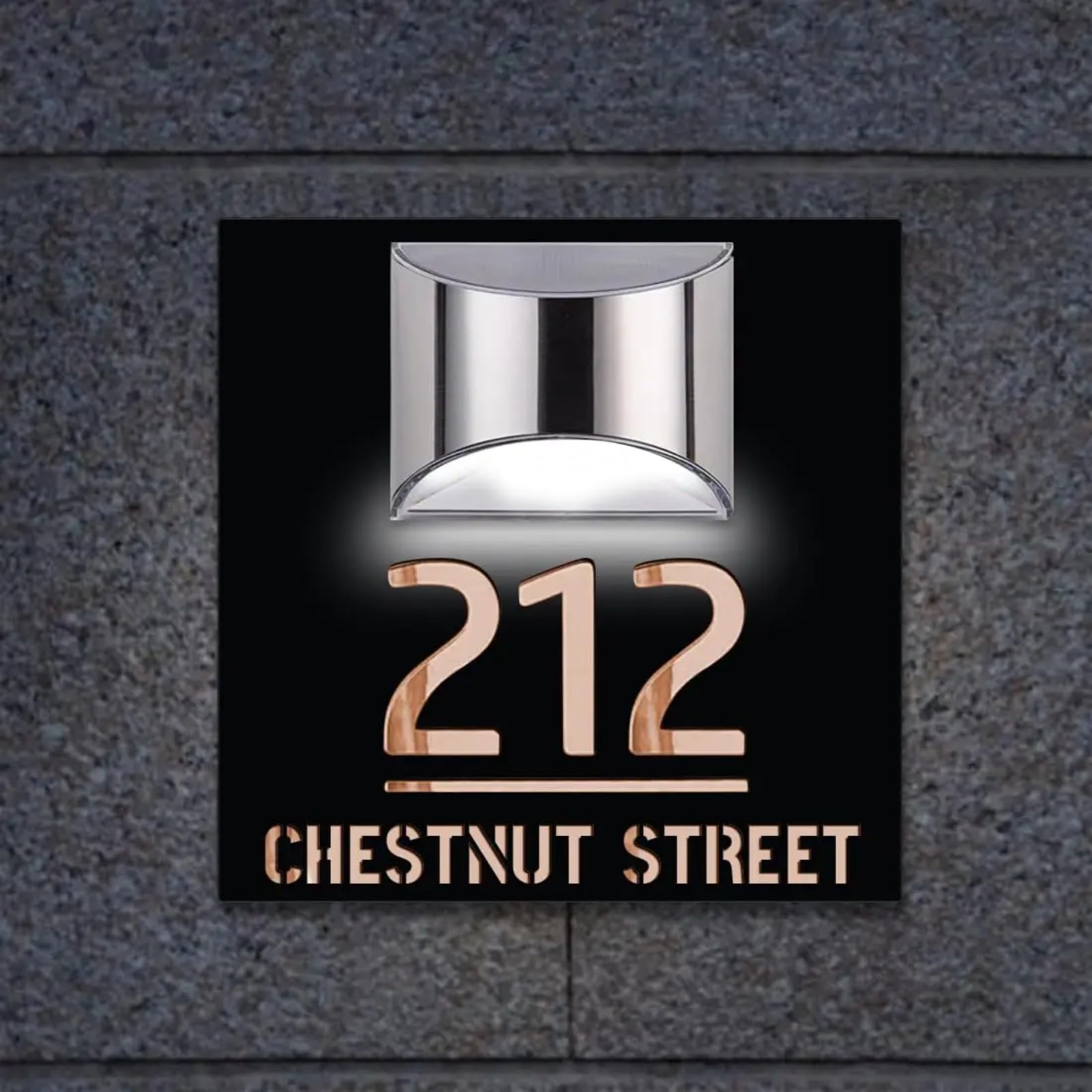 Personalized Solar House Sign with Solar Light,3D Laser Cut Door Name Plaque,LED Modern Number Plaque,Solar Adress Number Plaque (25 * 25CM,Black and Rose Gold)