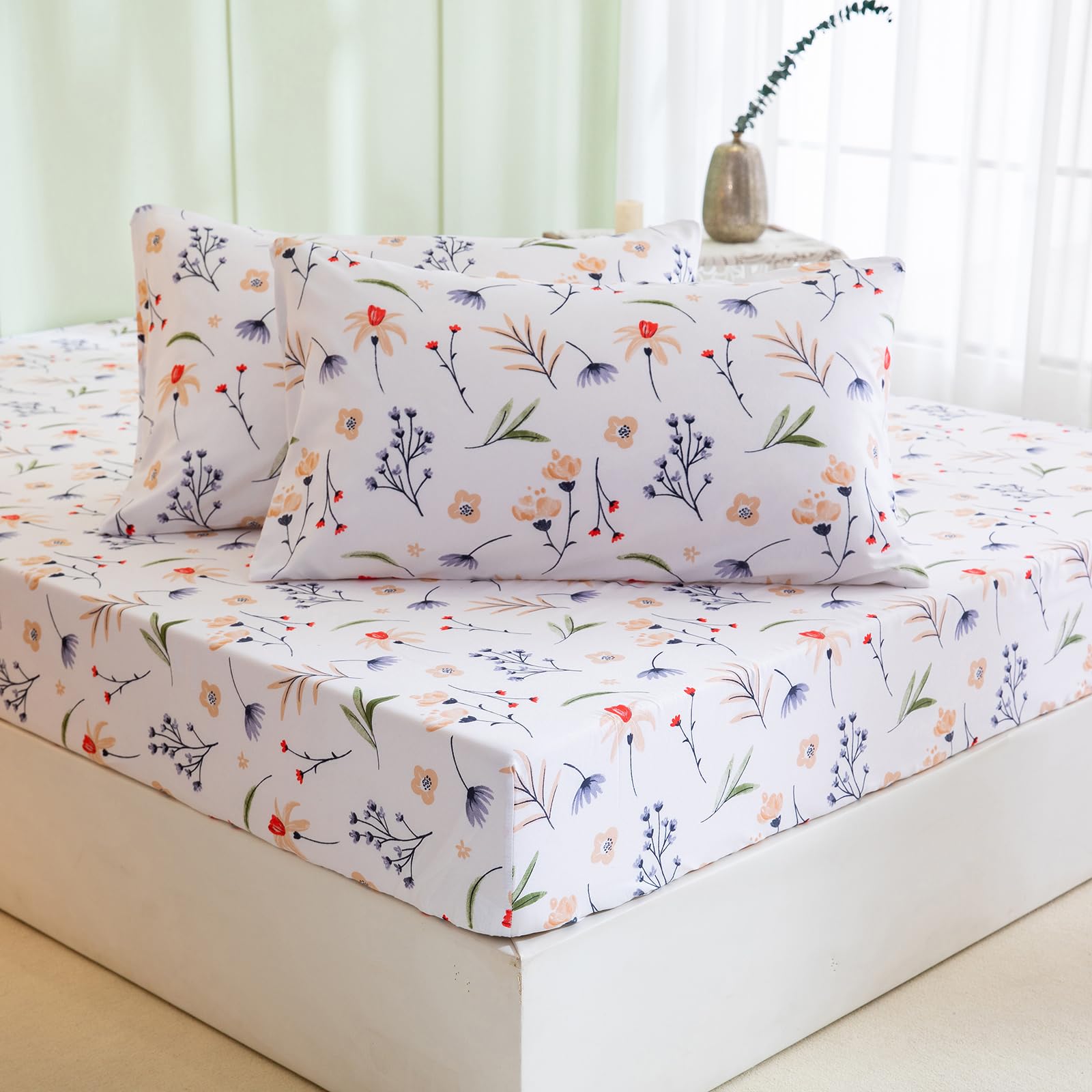 Floral Fitted Sheet King,Garden Floral Summer Bedding,Soft & Breathable Microfiber Fitted Sheet with Pillowcases,3 Pieces Set (1 Fitted Sheet, 2 Pillowcases,No Flat Sheet)-Colorful,King