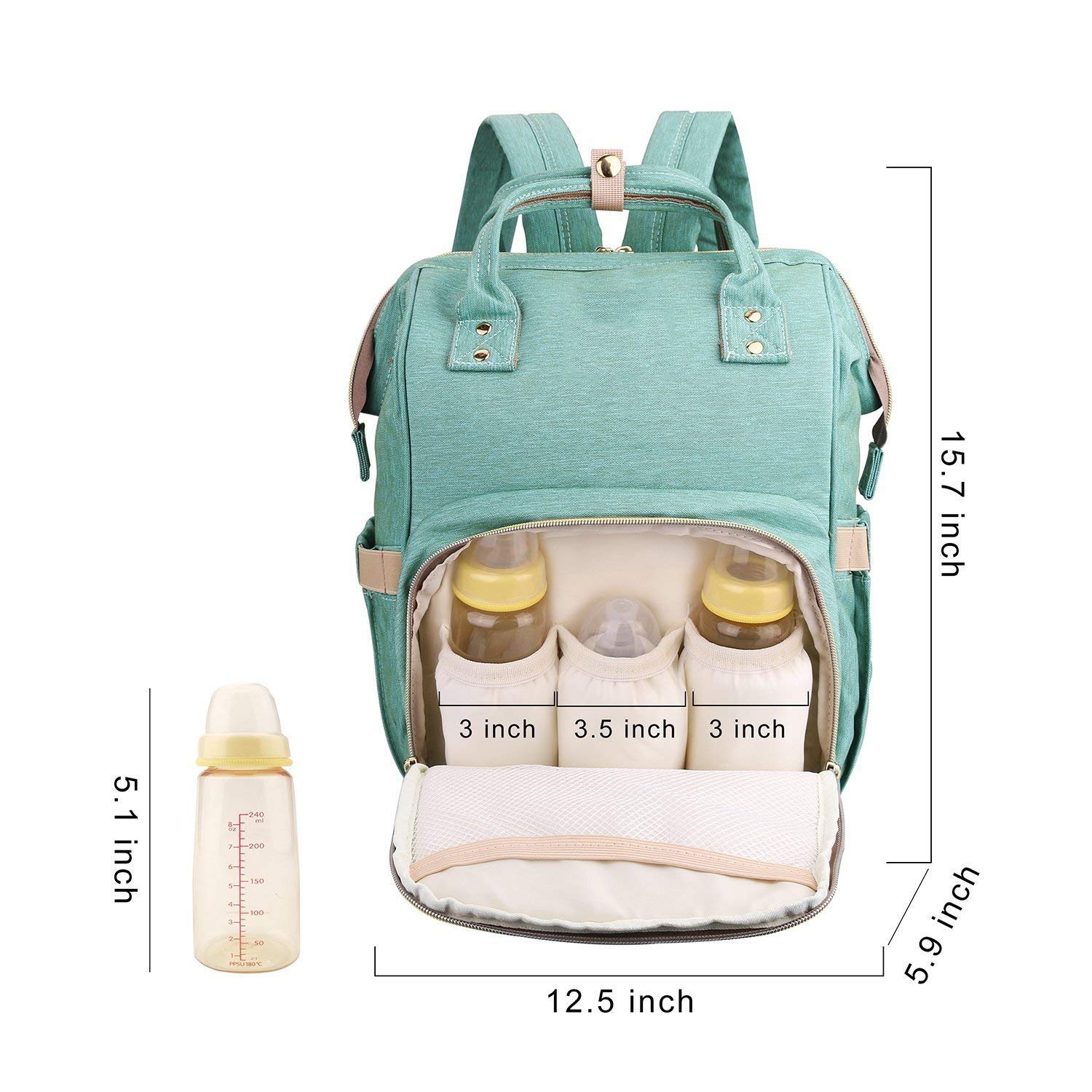 Ineffable Large Capacity Mother Bag, Diaper Back Pack with Insulated Bottle Storage, Easy Reach Pack Pocket (Sea Green)
