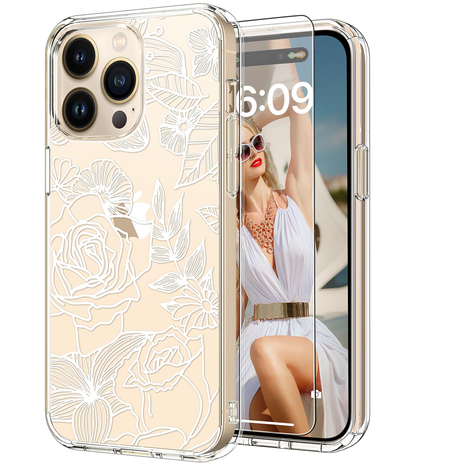 ICEDIOICEDIO for iPhone 15 Pro Case with Screen Protector-Clear with Fashionable Patterns-Designed for Girls Women-Slim Fit Cover-Protective Phone Case 6.1" Elegant White Blooming Floral