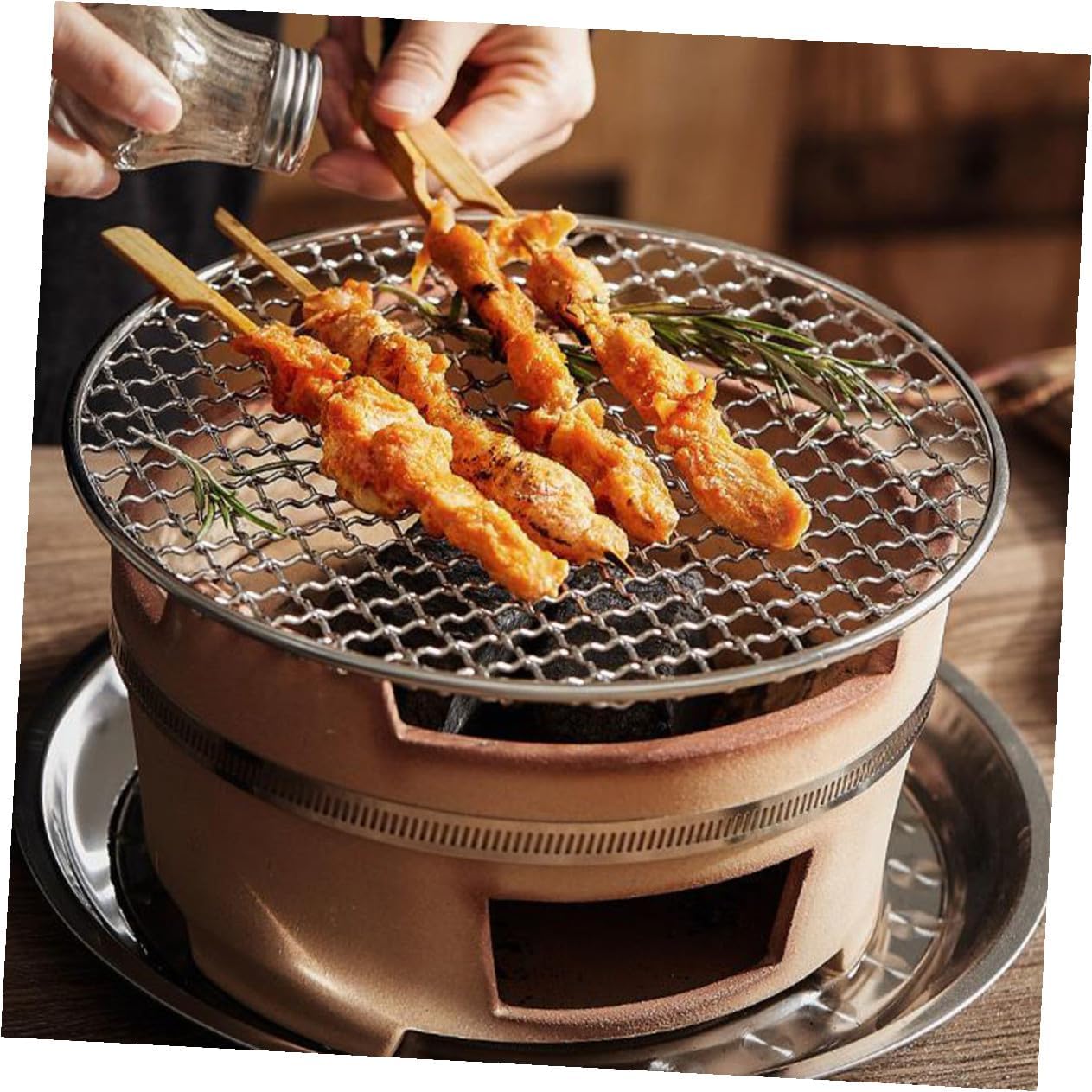 Kisangel Medium Charcoal Barbecue Stove with Stainless Steel Grill Net Set, Portable Clay Pot Base for Indoor Heating and Outdoor Camping Bbq Supplies