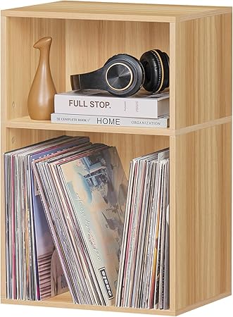 LEYAOYAO 2 Cube Bookshelf,Natural Record Player Stand Holds up to 100 Albums, Mini Wood Book Shelf Storage Organizer,Turntable Stand with Vinyl Storage Cabinet, Narrow Open Bookcase for Small Spaces