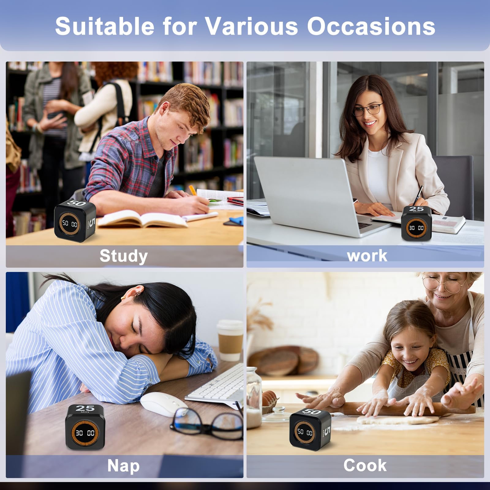 Cuteefun Timer Visuale Cubo, Timer Pomodoro a Rotazione, 5/10/25/50 Minuti & Conto Alla Rovescia Personalizzato, Modalità Muto e Suoneria, Gestione del Tempo per Cucina, Studio, Riunioni, Nero