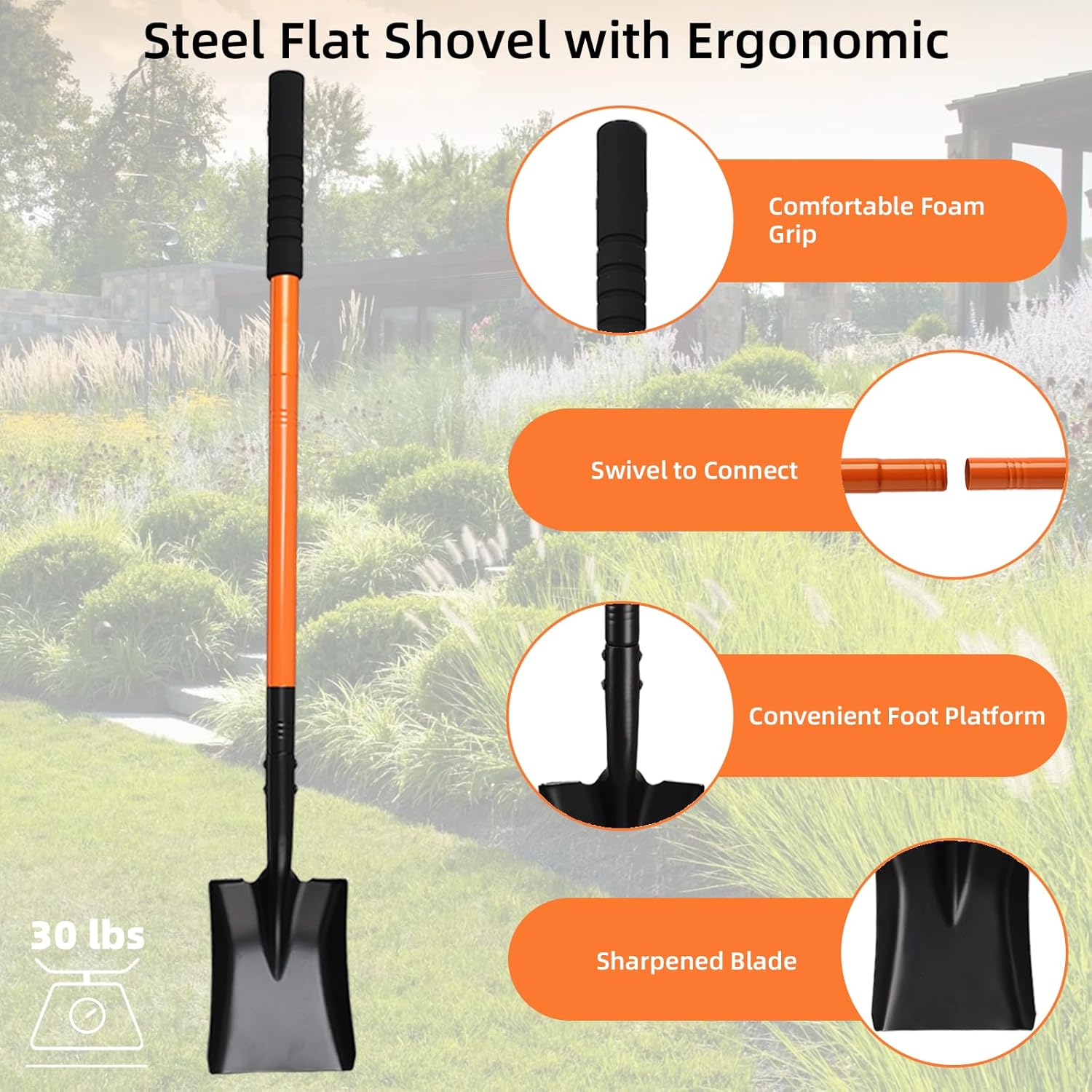Small Square Shovel 43.3Inches Heavy Duty Garden Tools with Metal Handle, Small Transfer Spade for Digging Camping Car Beach Shovel, Orange